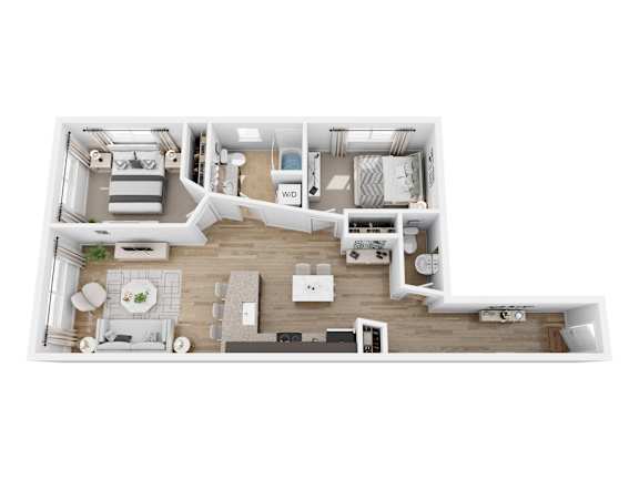 A top-down view of a small apartment layout with a kitchen, living room, and bedrooms.