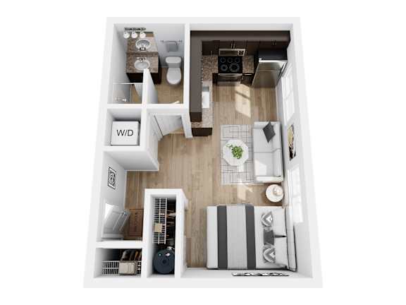 Floor Plan  A top down view of a small apartment with a kitchen, living room, and bathroom.