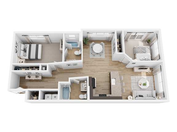 A top-down view of a modern apartment layout.