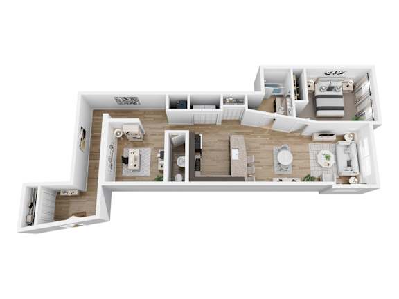 A white floor plan of a house with a kitchen, living room, and bedrooms.