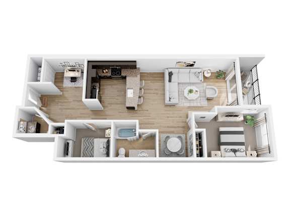 A top-down view of a modern apartment layout with a kitchen, living room, and bathroom.