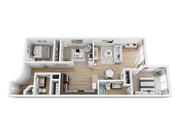 A detailed 3D floor plan of a small apartment layout.