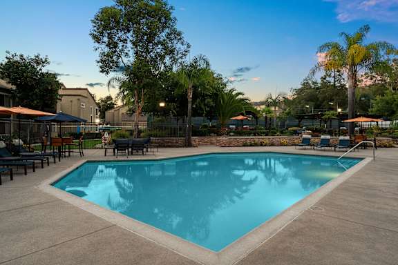 A large swimming pool surrounded by trees and lounge chairs.