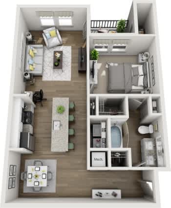 A 3D floor plan of a small apartment with a kitchen, living room, and bathroom.