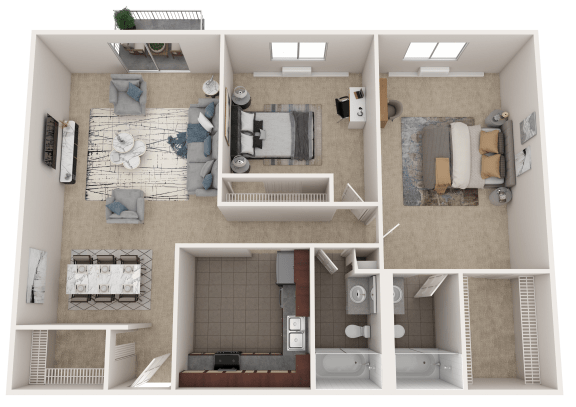 a 3d floor plan of a bedroom with a bathroom and a living room
