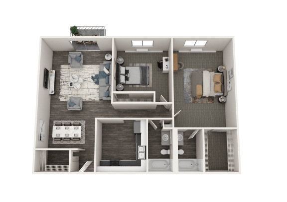 a 3d floor plan of a bedroom with a bathroom and a living room