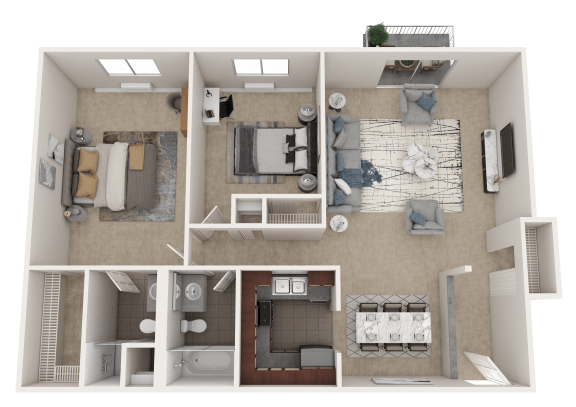 a 3d floor plan of a bedroom with a living room and a bathroom