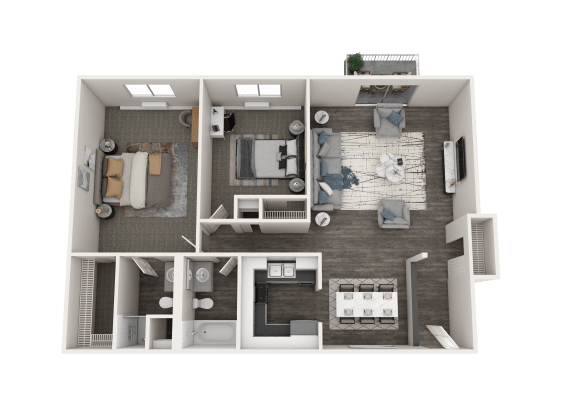 a 3d floor plan of a bedroom with a living room and a bathroom