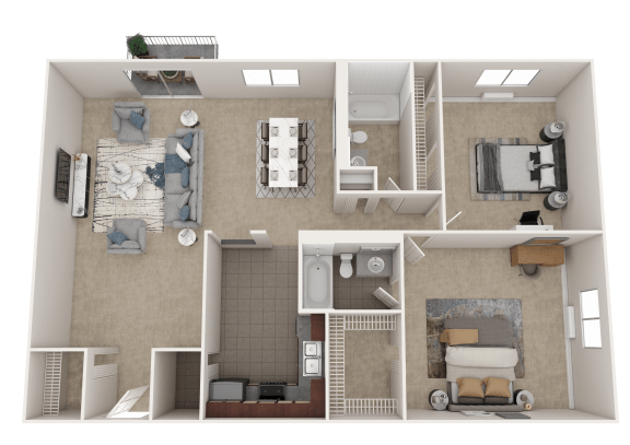 a 3d rendering of a furnished floor plan with a bedroom and a bathroom