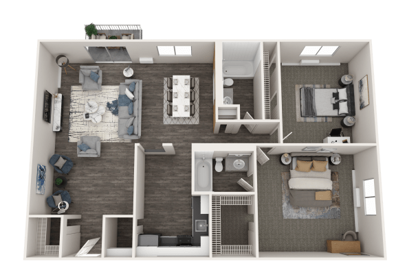 a 3d rendering of a furnished floor plan with a bedroom and a bathroom