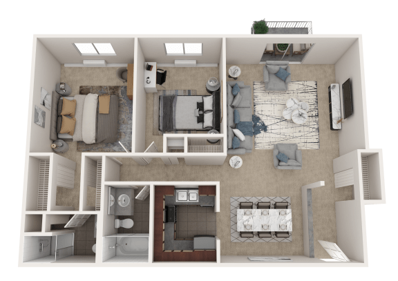 a rendering of a 3d floor plan with a bedroom and living room