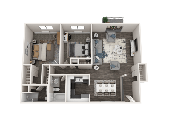 a rendering of a 3d floor plan with a bedroom and living room