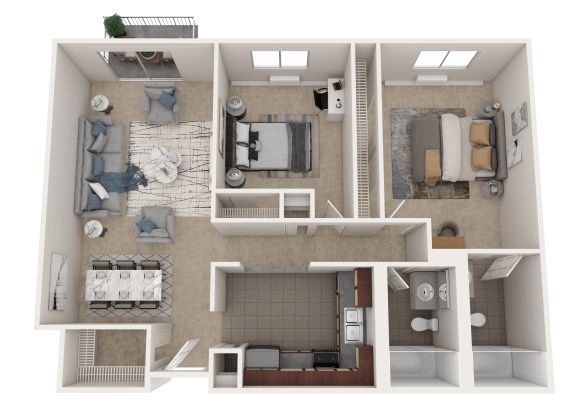 a rendering of a 3d floor plan with a bedroom and a living room
