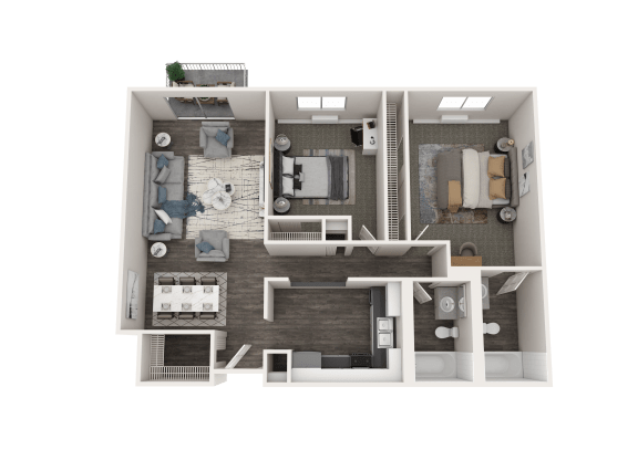 a rendering of a 3d floor plan with a bedroom and a living room