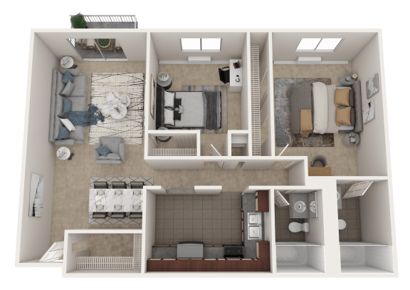 a 3d rendering of a 3 bedroom floor plan