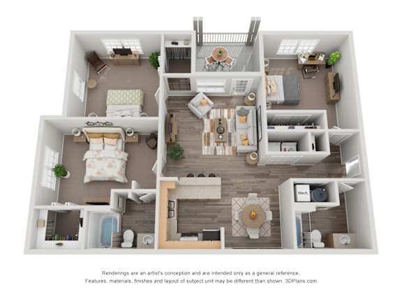 A 3D floor plan of a house with multiple rooms and furniture.