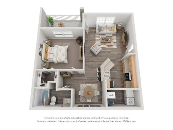 A 3D floor plan of a house with a living room, kitchen, and two bedrooms.