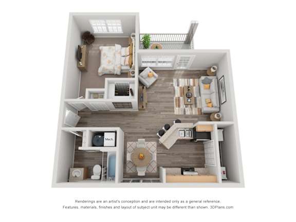 A 3D floor plan of a small apartment with a kitchen, living room, and bathroom.