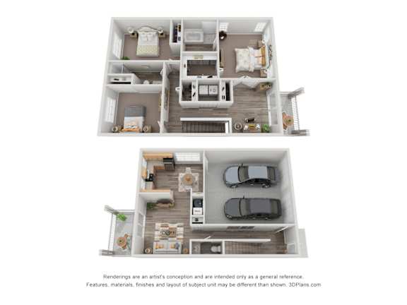 A floor plan of a two-bedroom apartment with a living room, kitchen, and garage.