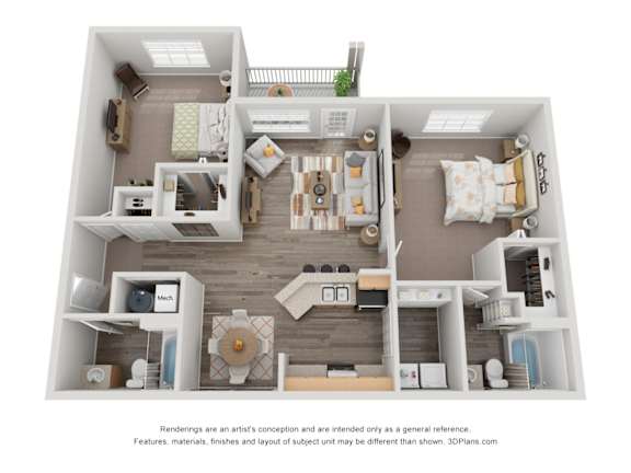 A 3D floor plan of a house with a kitchen, living room, and two bedrooms.