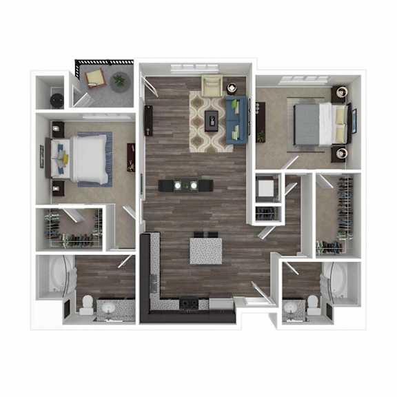 A top-down view of a small apartment layout with a kitchen, living room, and bedroom.