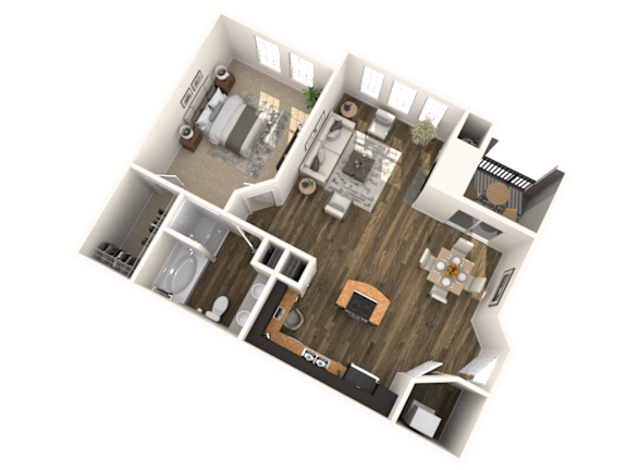 A 3D floor plan of a house with a kitchen, living room, and two bedrooms.