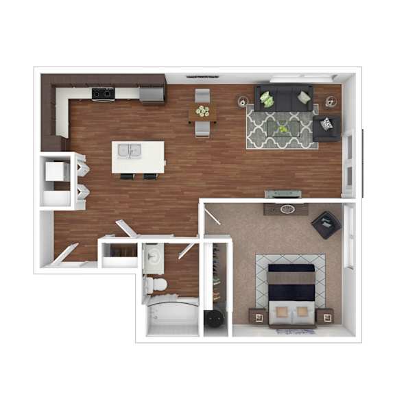 A top down view of a living room, kitchen, and bathroom.