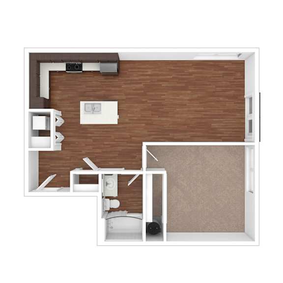 A top down view of a small apartment with a kitchen, living room, and bathroom.