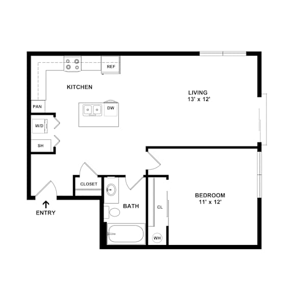 A floor plan of a home with a living room, kitchen, bedroom and bathroom.
