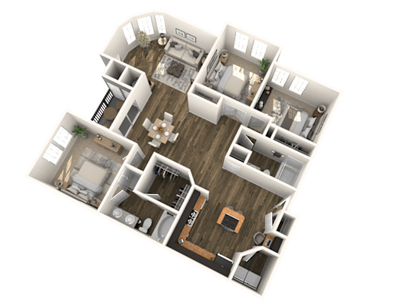 A 3D floor plan of a house with multiple rooms and furniture.