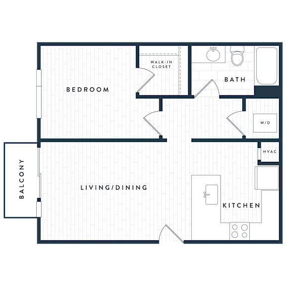 A floor plan of a house with a bedroom, bath, living/dining area, kitchen, and balcony.