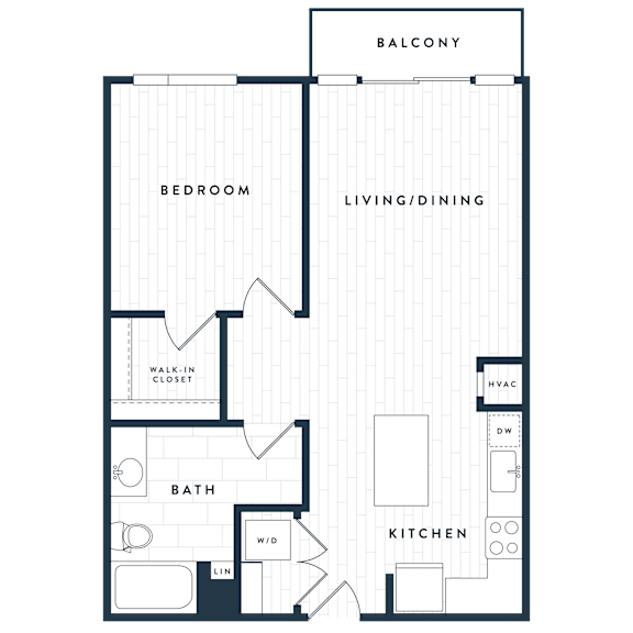 A floor plan of a balcony with a bedroom, bath, and kitchen.