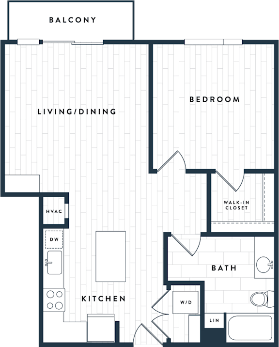 A floor plan of a house with a balcony, living/dining area, kitchen, bathroom, and bedroom.