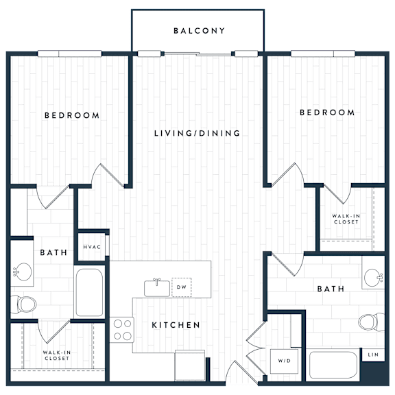 A floor plan of a house with two bedrooms, a living/dining area, a kitchen, and two bathrooms.