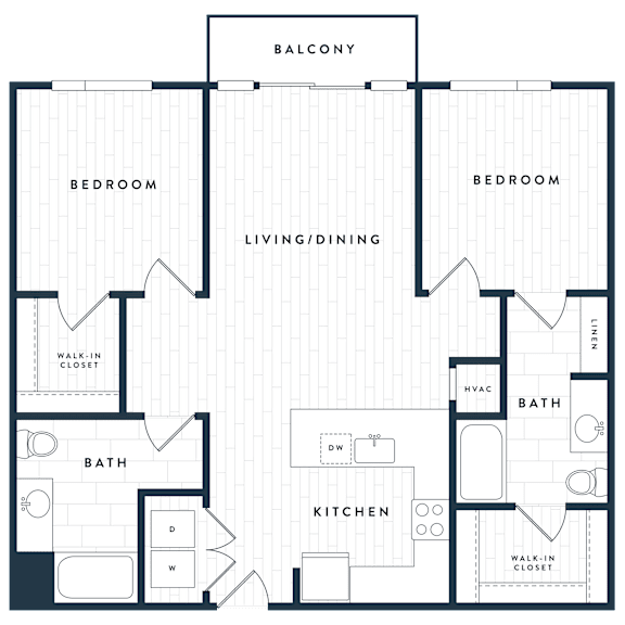 A floor plan of a house with two bedrooms, a living/dining area, a bathroom, a kitchen, and a balcony.