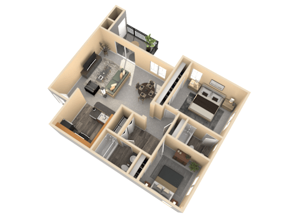 Floor Plan  A 3D floor plan of a house with a kitchen, living room, and two bedrooms.
