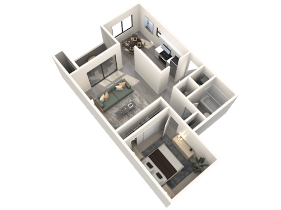 A 3D image of a house layout with a kitchen, living room, and one bedroom.