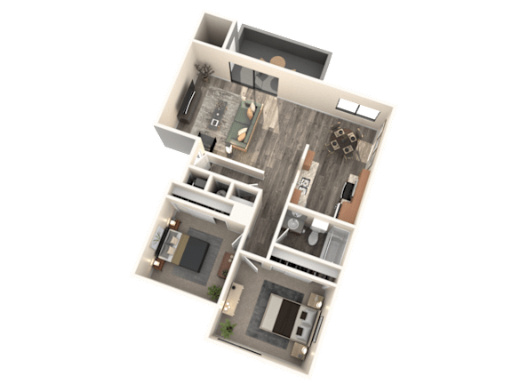 A 3D floor plan of a house with multiple rooms.