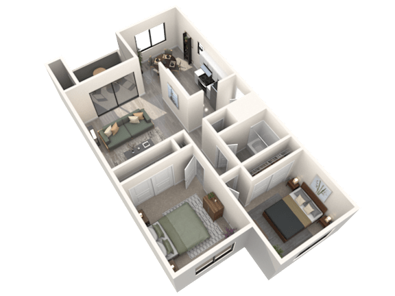 A 3D floor plan of a house with a kitchen, living room, and two bedrooms.