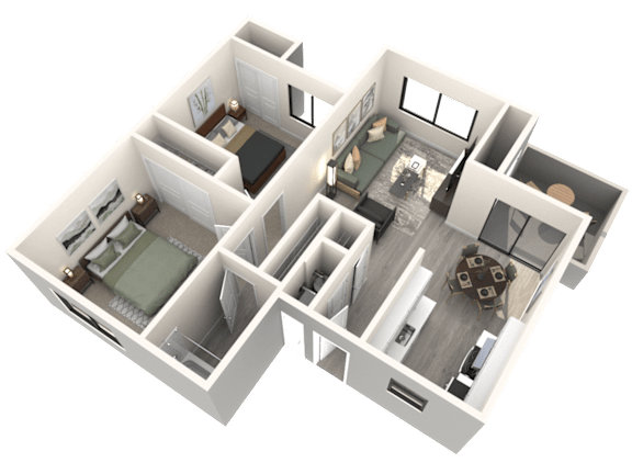 A 3D image of a house layout with a kitchen, living room, and two bedrooms.