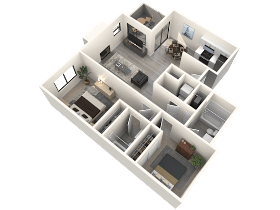 A 3D floor plan of a house with multiple rooms and furniture.