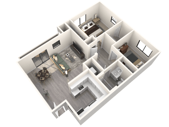 A 3D image of a house layout with multiple rooms.