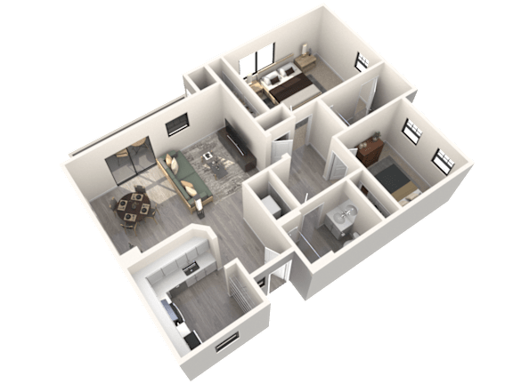 A 3D rendered image of a house layout.