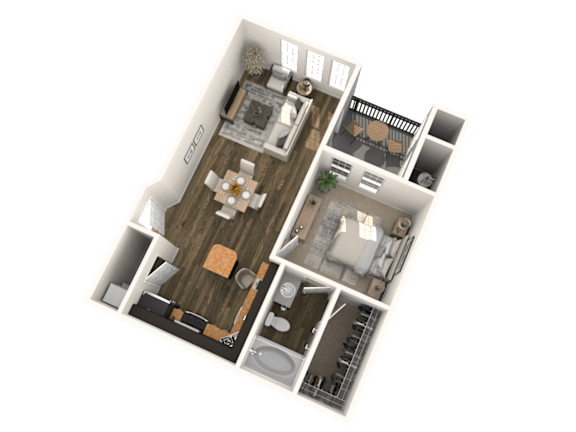 A 3D floor plan of a house with a living room, kitchen, and two bedrooms.