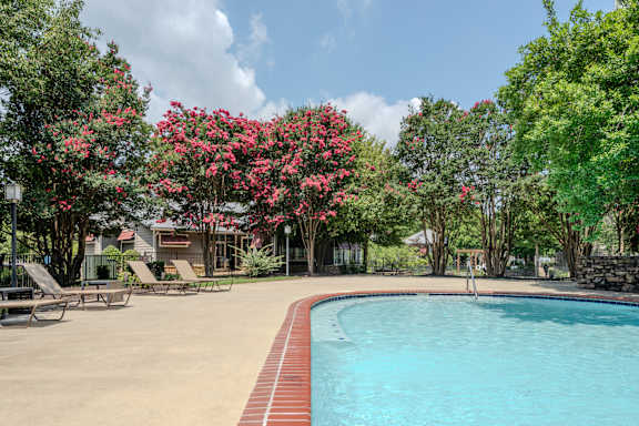 A pool surrounded by trees and chairs.