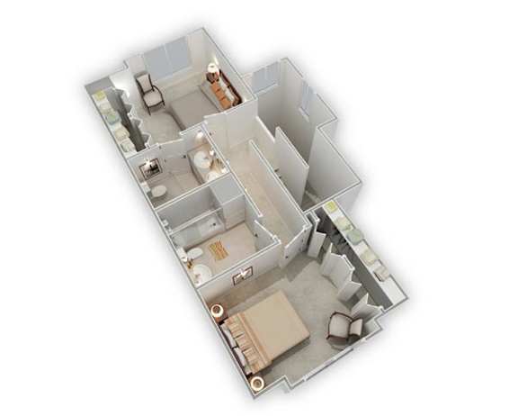 A 3D floor plan of a house with a kitchen, living room, and bathrooms.