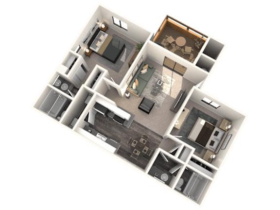 A 3D floor plan of a house with a living room, kitchen, dining room, and multiple bathrooms.