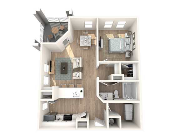 A top down view of a small apartment with a kitchen, living room, and bedroom.