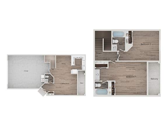 A floor plan of a house with two bedrooms and a balcony.