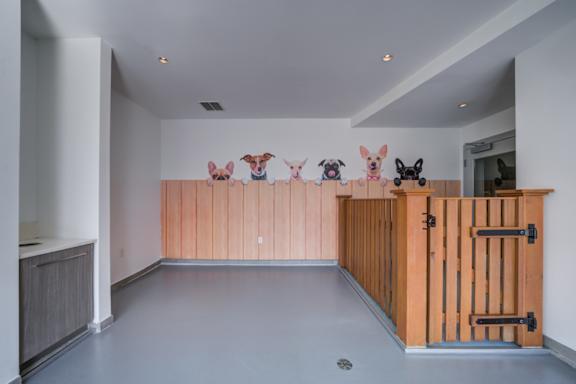 A room with a grey floor and a wooden partition with drawings of dogs on it.